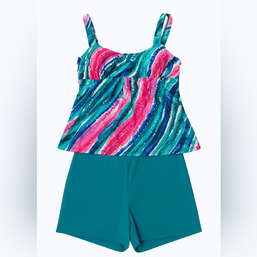 Kim Gravel Belle Tankini Swim Set w/ Shorts – Teal & Pink Abstract